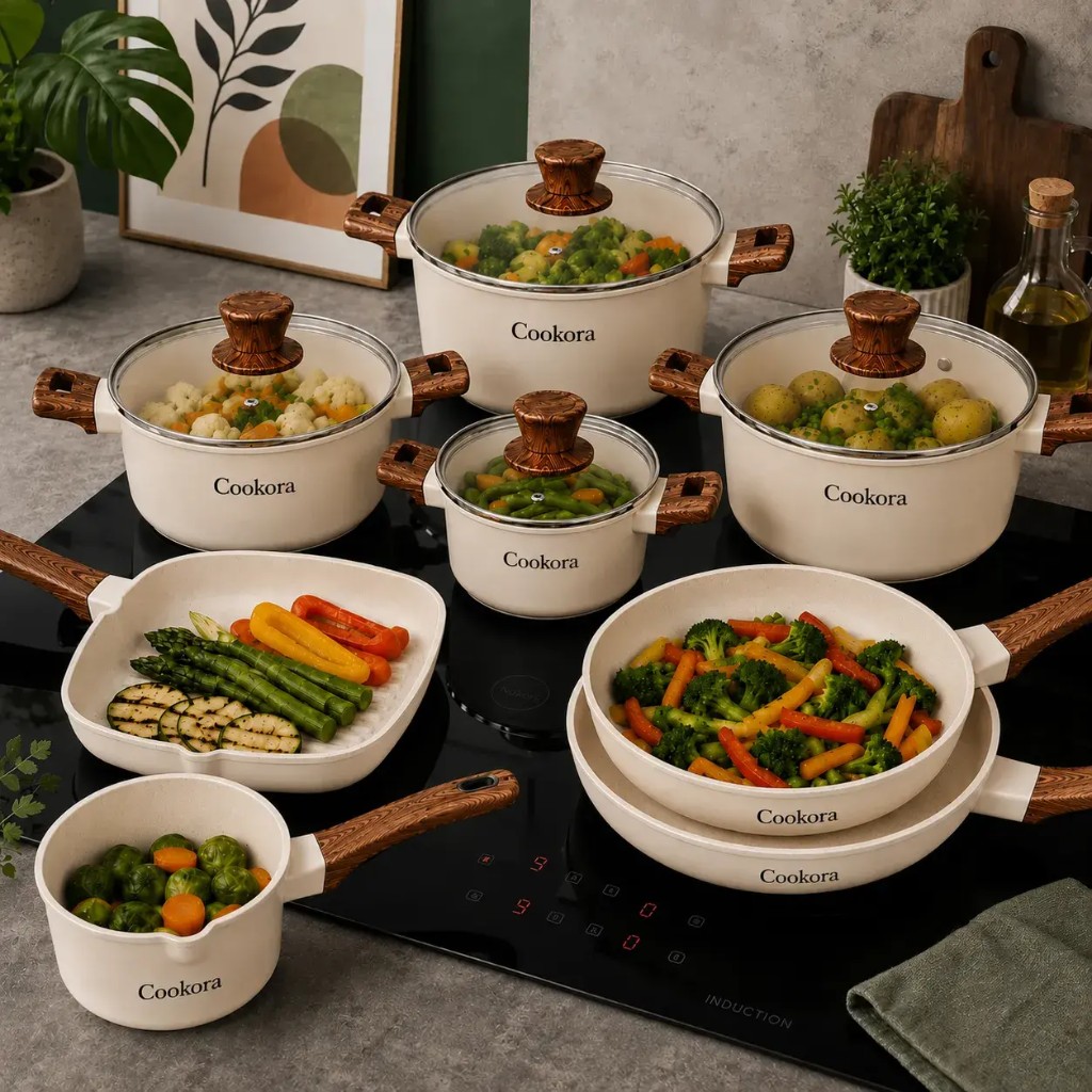 Batería Cookora en placa de inducción con verduras frescas