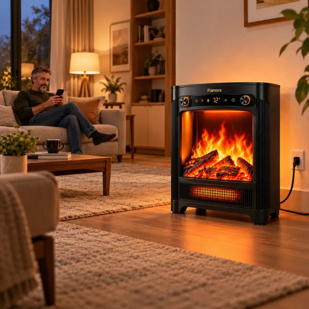 Elektrokamin Flamora im Wohnzimmer mit App-Steuerung vom Sofa