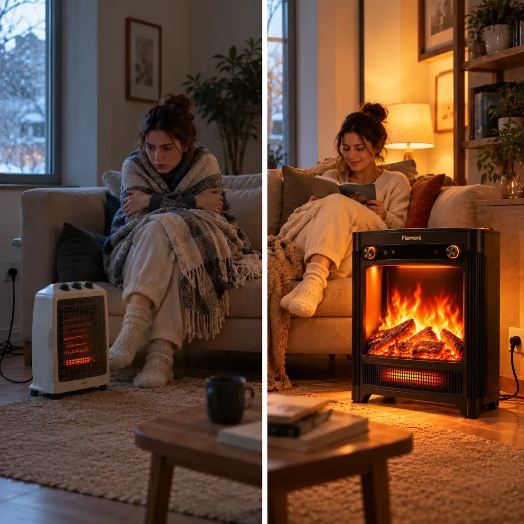 Vorher und nachher: kaltes Zimmer mit Heizer vs gemütliche Wärme mit Flamora-Kamin