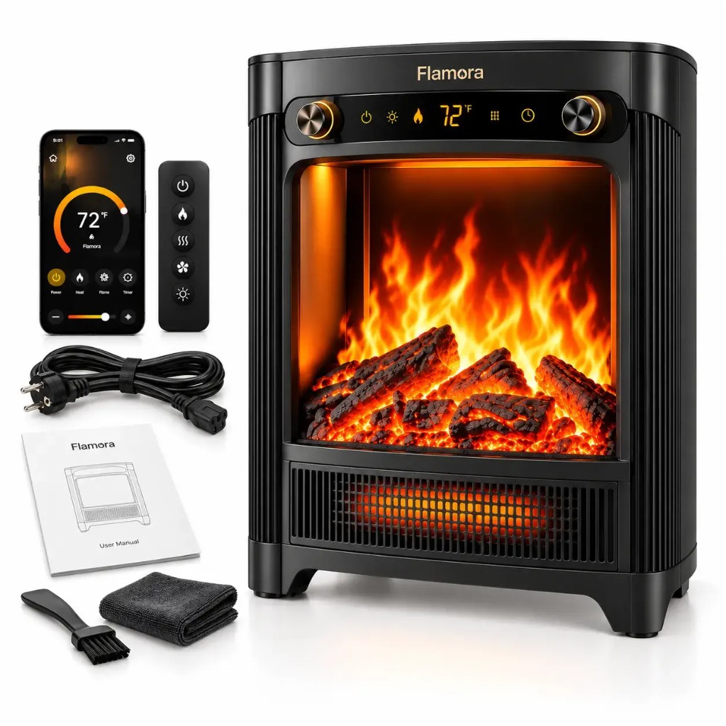 Komplettset Flamora: Kamin mit App, Fernbedienung, Anleitung, Kabel und Reinigungszubehör