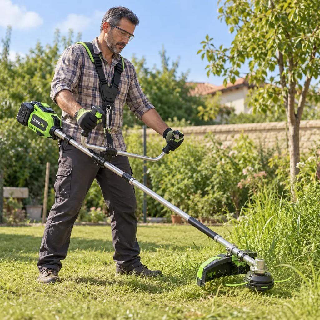 Mann benutzt GreenVex zum Rasen schneiden im Garten