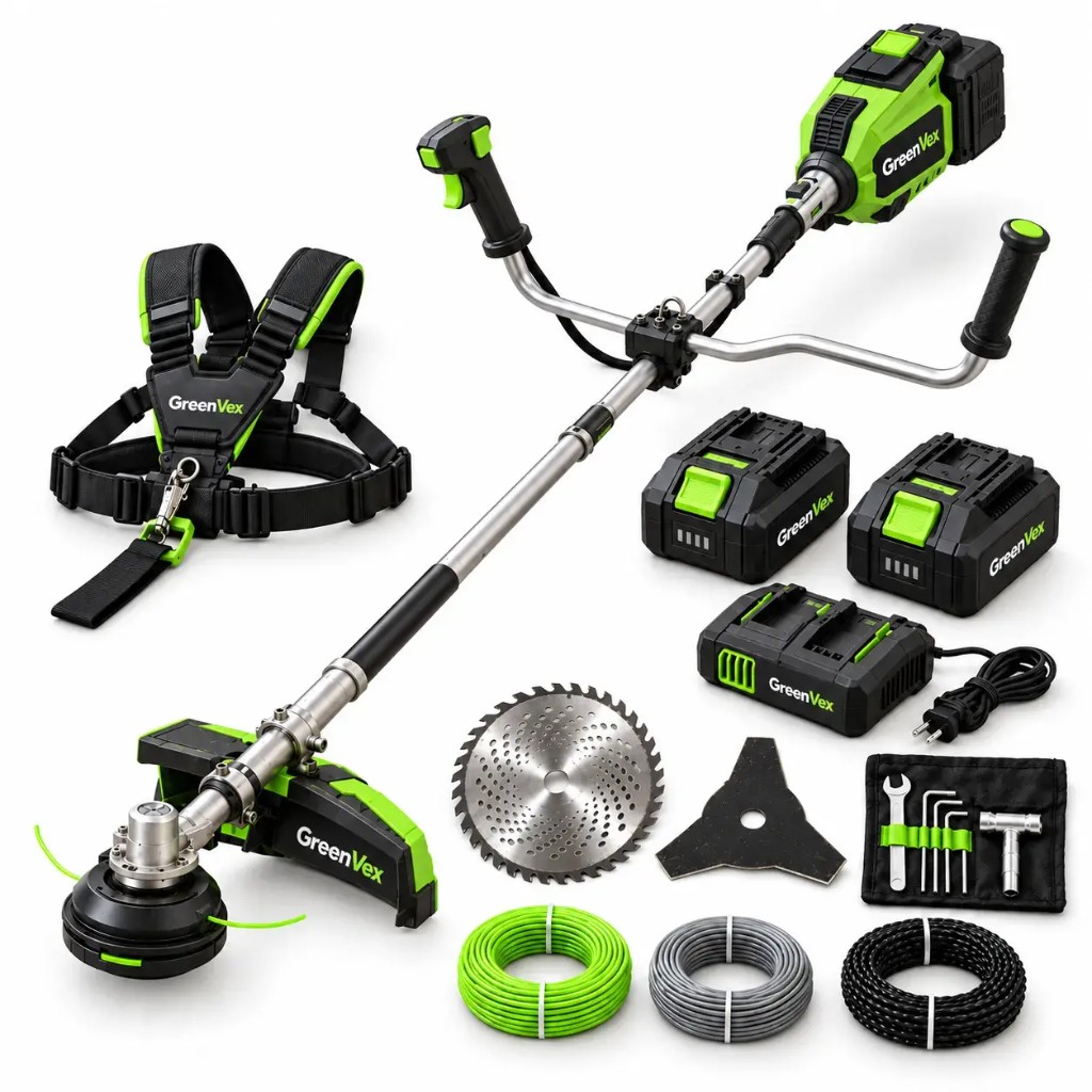 GreenVex-Set mit Trimmer, Akkus, Zubehör und Ladegerät