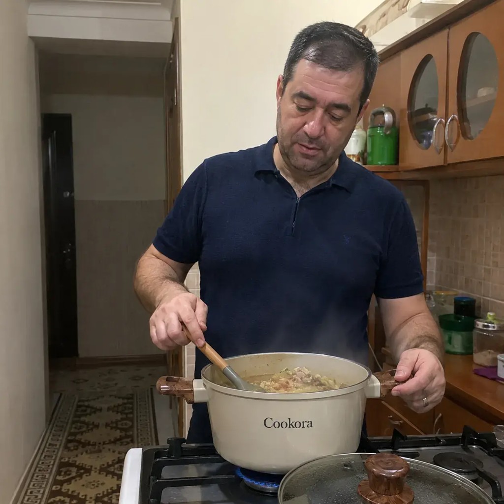 Cliente Cookora cocinando en casa con la batería Cream Stone Finish