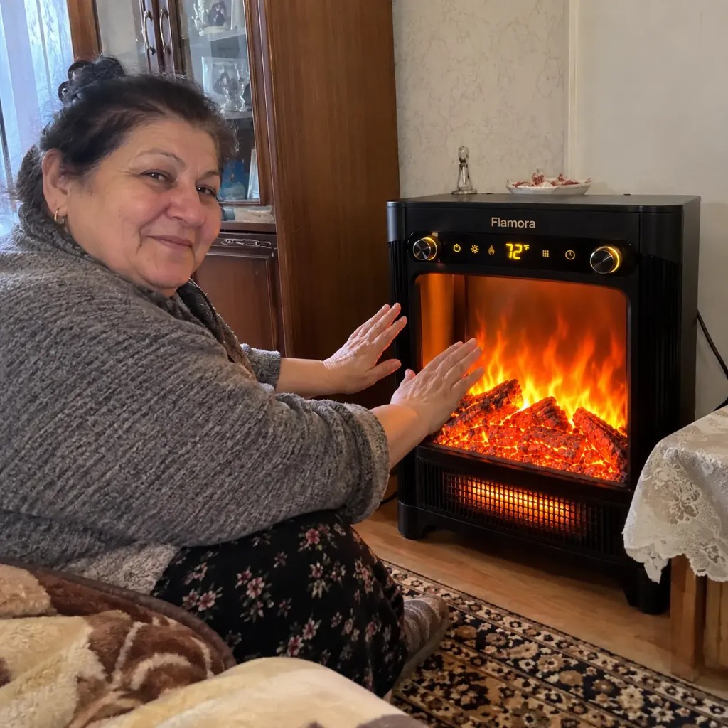 Kundin wärmt die Hände vor dem Elektrokamin Flamora zu Hause
