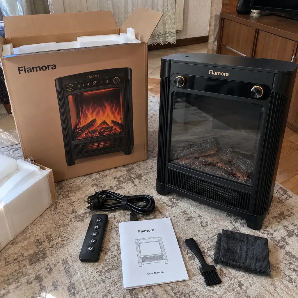 Elektrokamin Flamora ausgepackt mit Fernbedienung, Anleitung und Zubehör