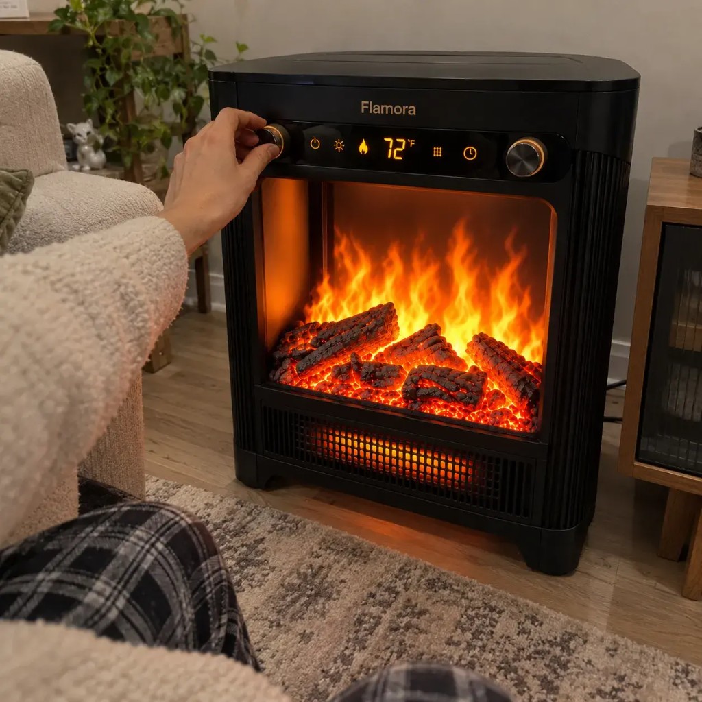 Kundin stellt Flamora-Kaminbedienung mit realistischer LED-Flamme zu Hause ein