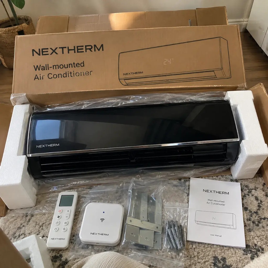 Nextherm wall unit unboxed with remote, smart hub, manual and mounting hardware