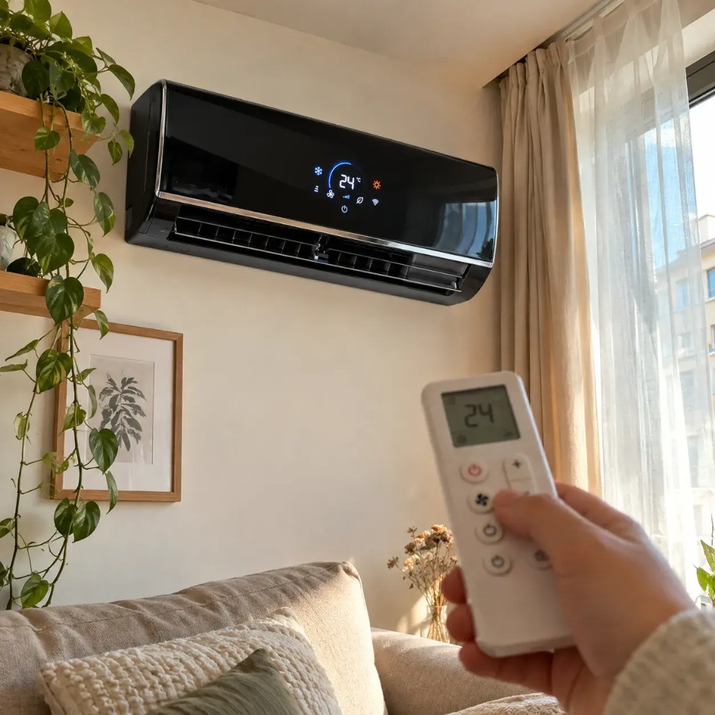 Hand holding the Nextherm remote to control the wall-mounted unit in a bright living room
